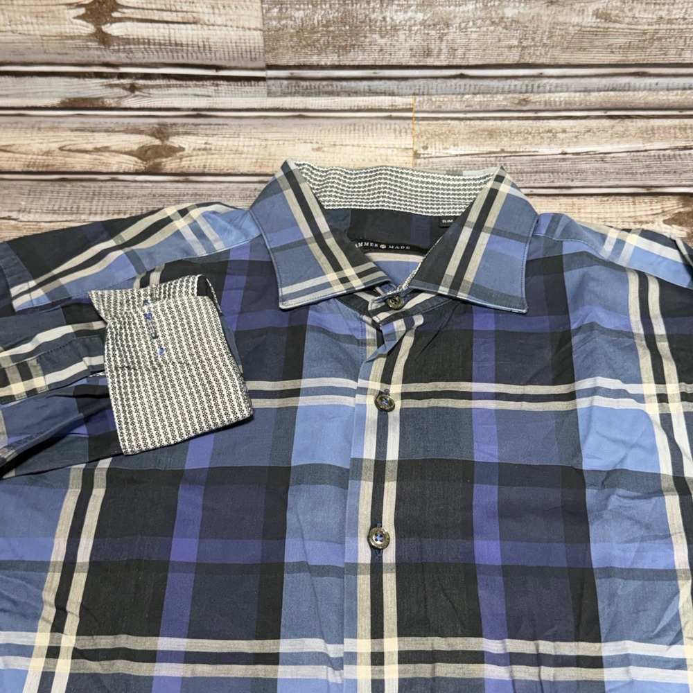 Hammer Made Button‎ Up Shirt Mens Large Blue Plaid Slim Fit Long Sleeve Cotton